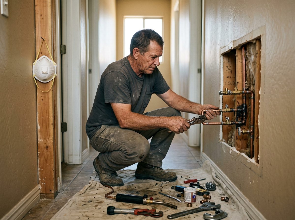 Fresh copper repipe behind opened drywall in a Mesa home