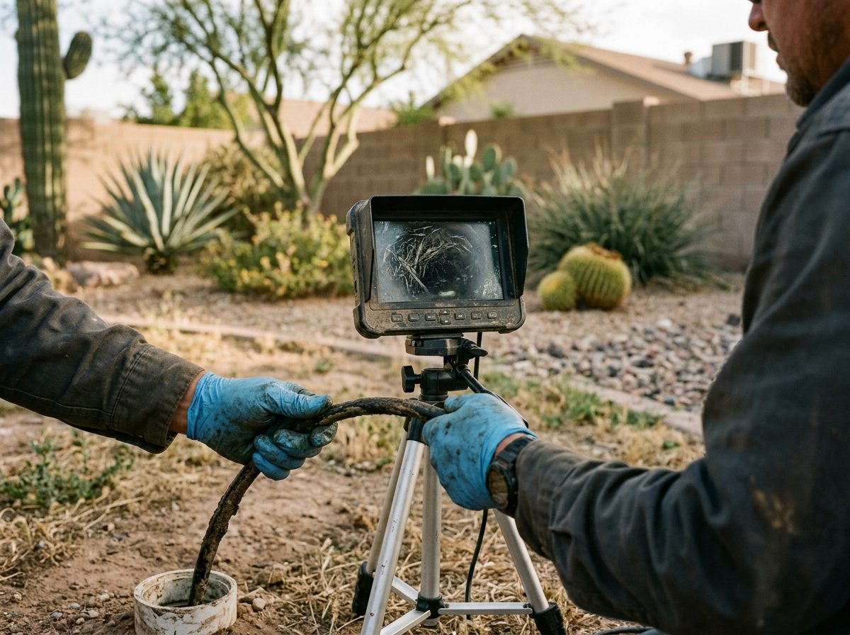 Sewer camera monitor showing root intrusion in a main drain line