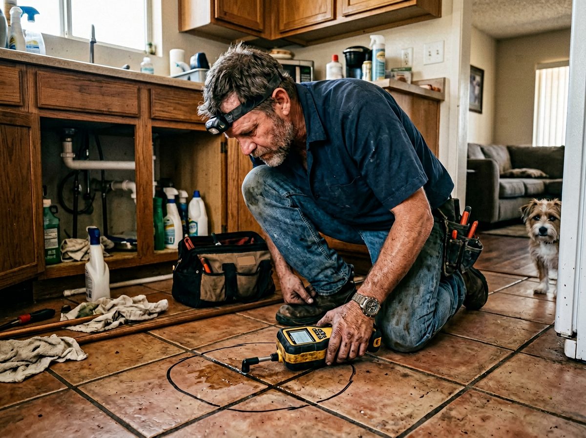 Technician using electronic leak detection on a kitchen slab