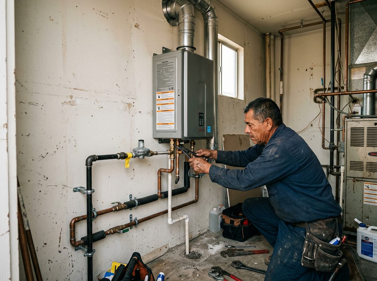 Wall-mounted tankless water heater installed in a utility room