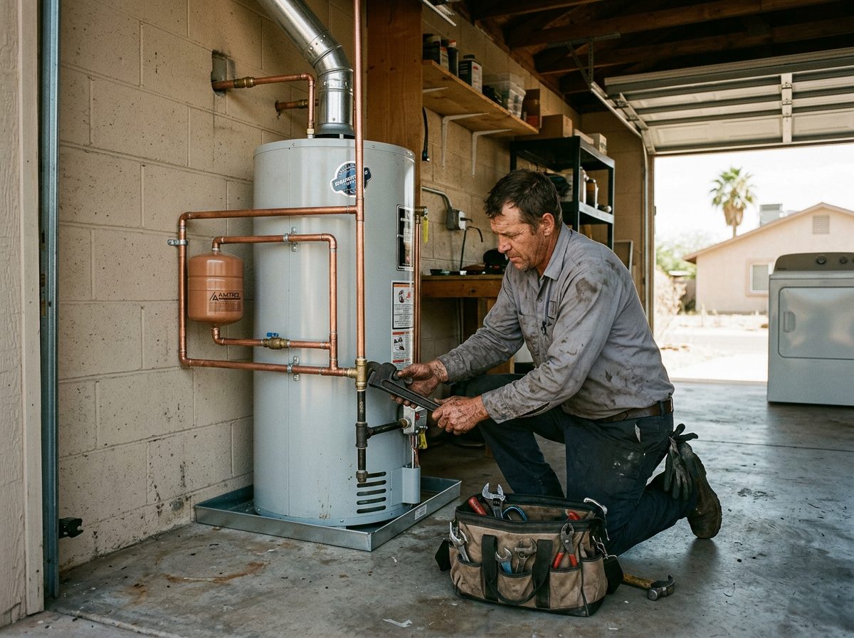Newly installed 50-gallon gas water heater in a garage